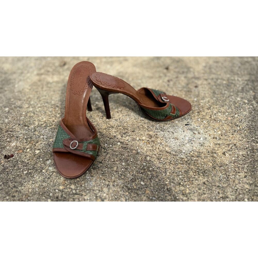 ALDO Womens 8.5 Green Brown Leather Stiletto Mule Heels Rhinestone Y2K